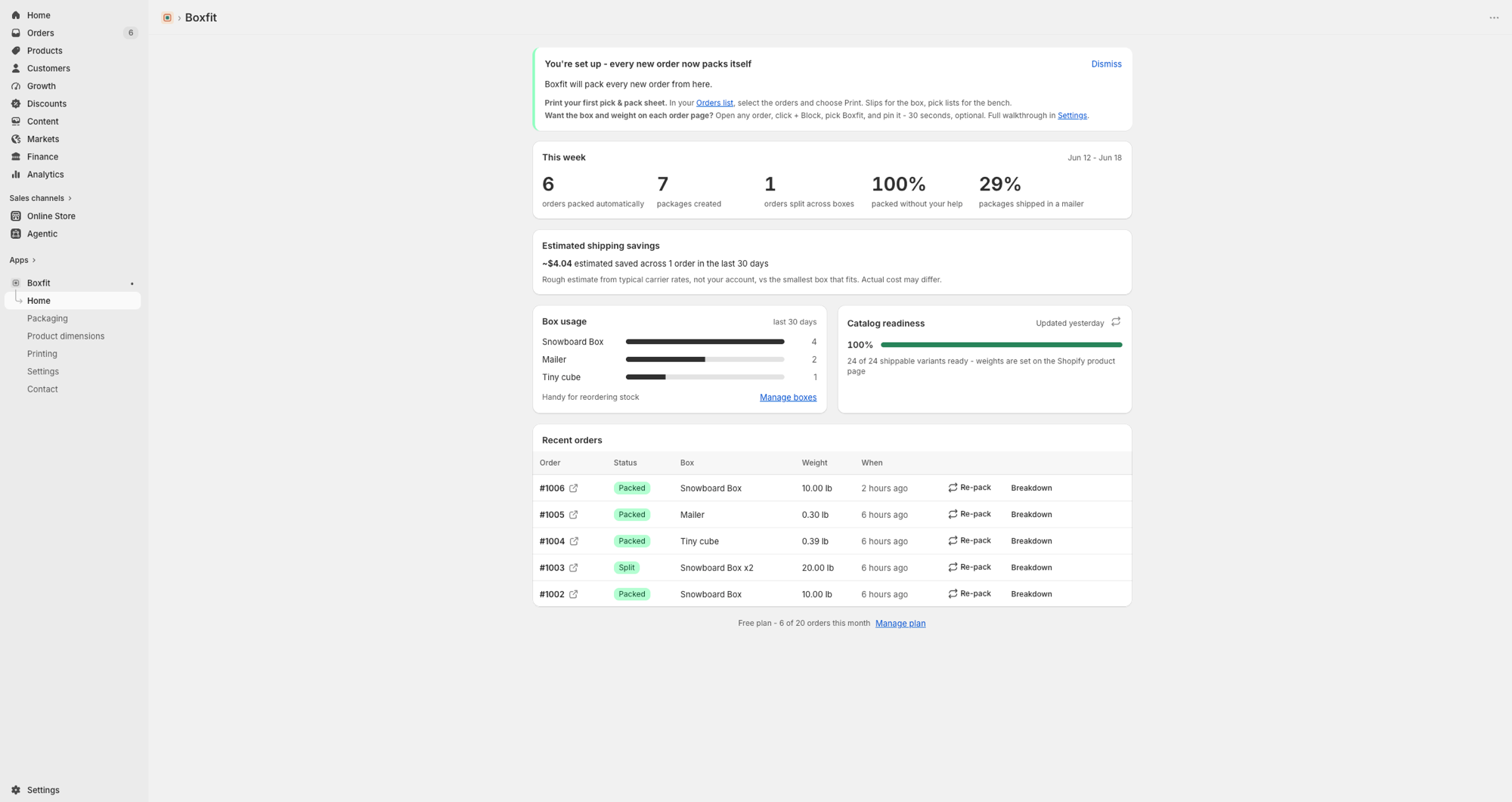Boxfit home dashboard showing weekly packing stats, box usage, catalog readiness, and recent orders with their box and weight