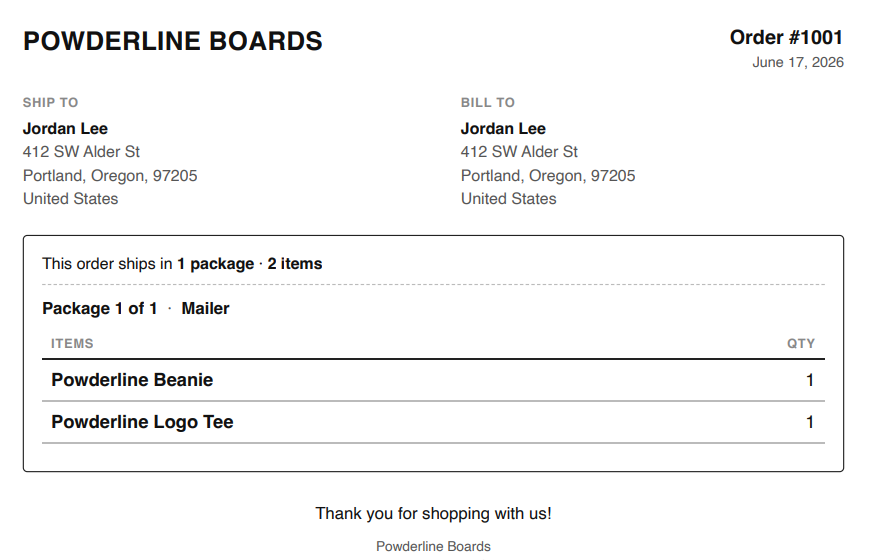 Boxfit customer packing slip showing the package summary and order items, ready to print